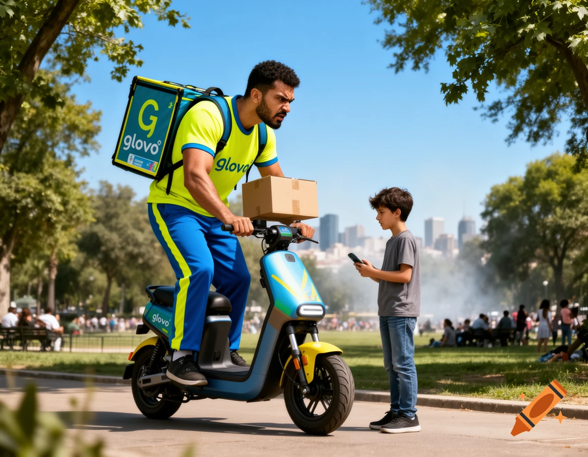 An angry delivery rider on a scooter holding a package confronts a child in a sunny park with city buildings in the background.