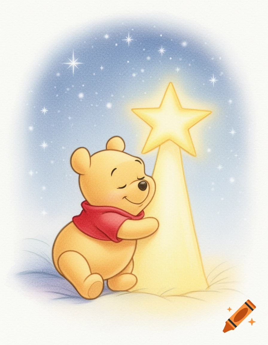 Baby Winnie the Pooh in a red shirt hugs a glowing yellow star under a starry blue sky, in a soft colored pencil style.