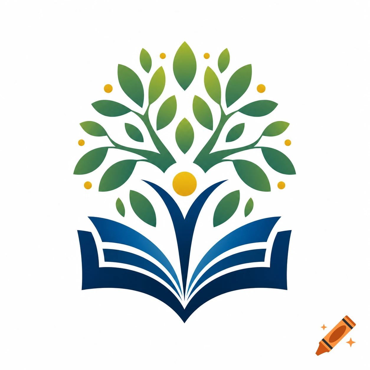 A stylized logo features a vibrant green tree with leaves and yellow spheres emerging from an open blue book.
