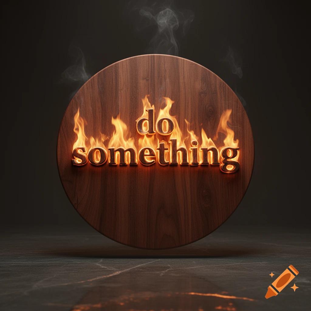 3D wooden circle with the words 'do something' in flames, surrounded by smoke, on a dark surface.