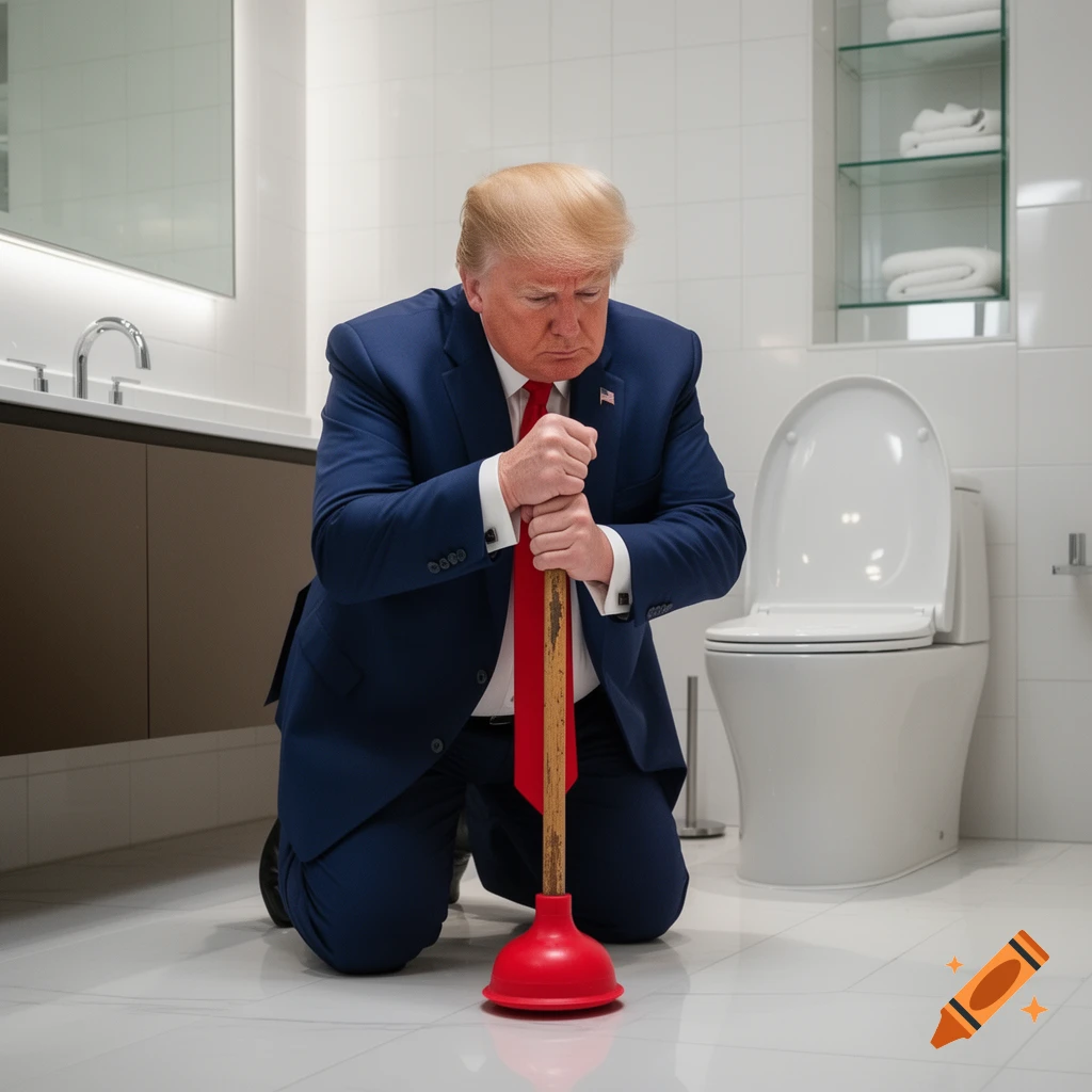Photorealistic image of Donald Trump kneeling in a bathroom, holding a red toilet plunger.
