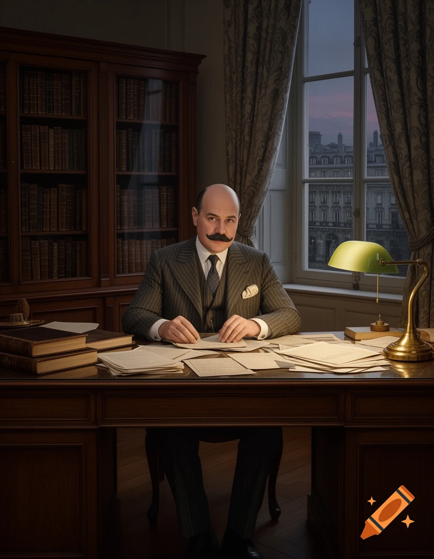 A bald man with a large mustache in a pinstripe suit sits at a desk cluttered with papers, in a study with a bookshelf and a city view at dusk.