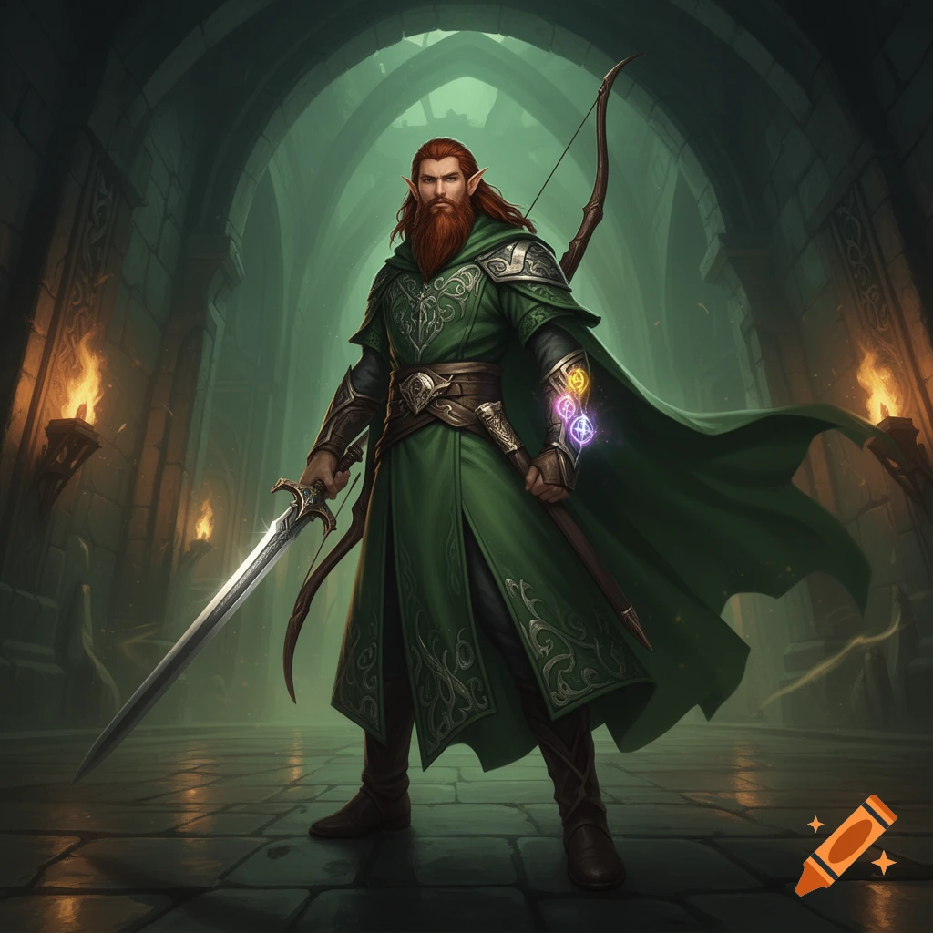 A half-elf fighter with a red beard, green robes, long sword, and bow stands in a torch-lit dungeon.
