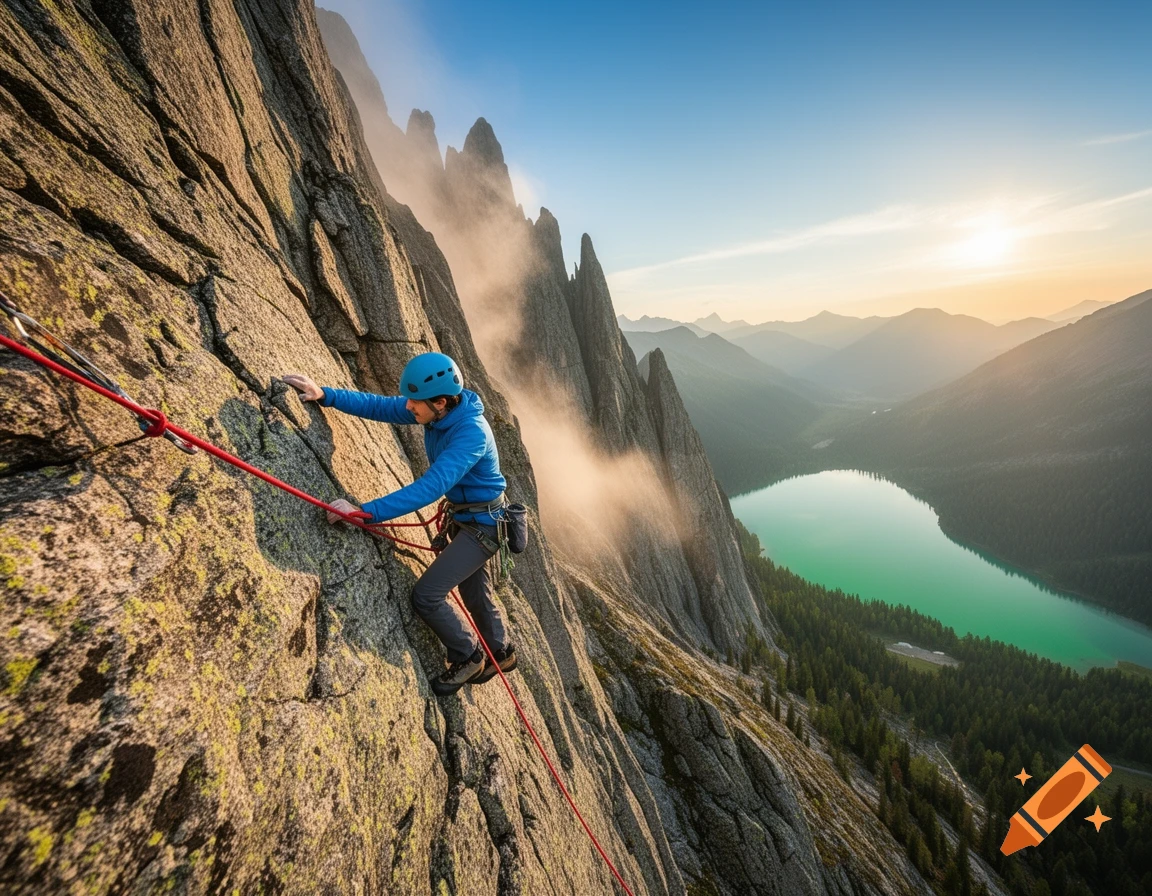 A lone climber ascends a steep rock face in the Alps, with a vibrant turquoise lake and misty mountains visible below at sunrise.