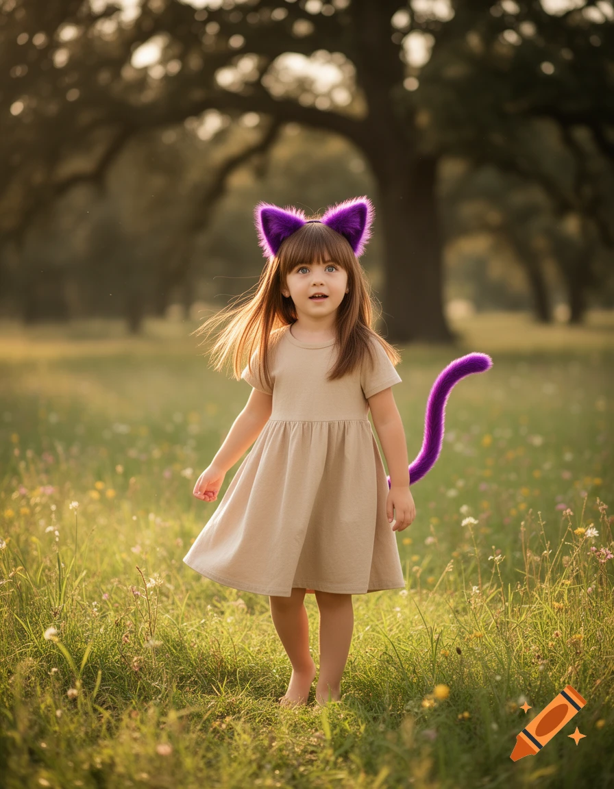 A young girl with long brown hair, purple cat ears, and a purple tail stands barefoot in a sunny field with wildflowers.