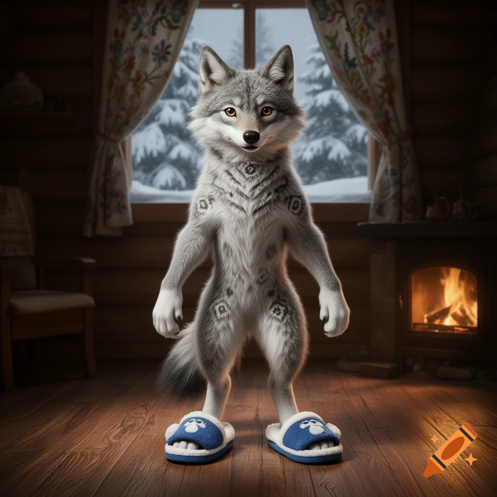 An anthropomorphic gray wolf with decorative patterns on its fur stands in a cozy cabin wearing blue and white slippers, looking at the viewer. A snowy forest is visible through the window, and a fireplace glows nearby.