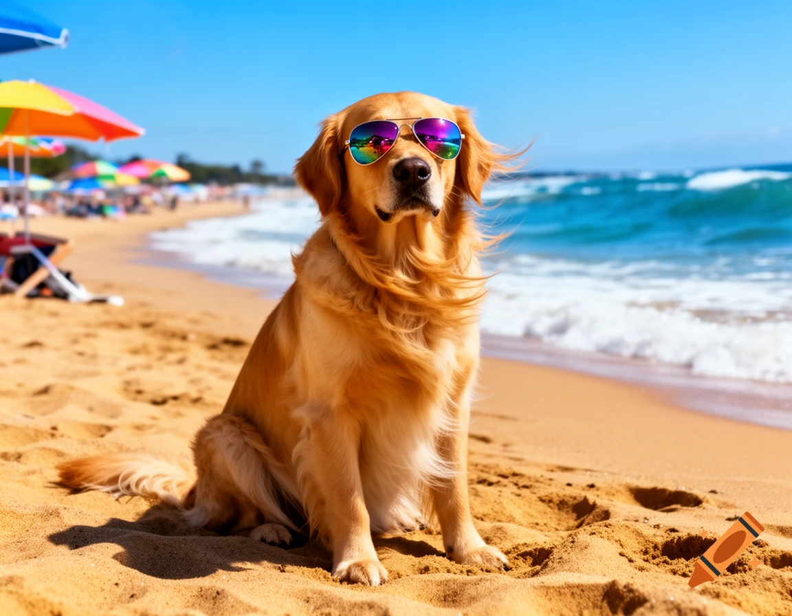 A golden retriever wearing mirrored sunglasses sits on a sunny sandy beach with blue ocean waves in the background.