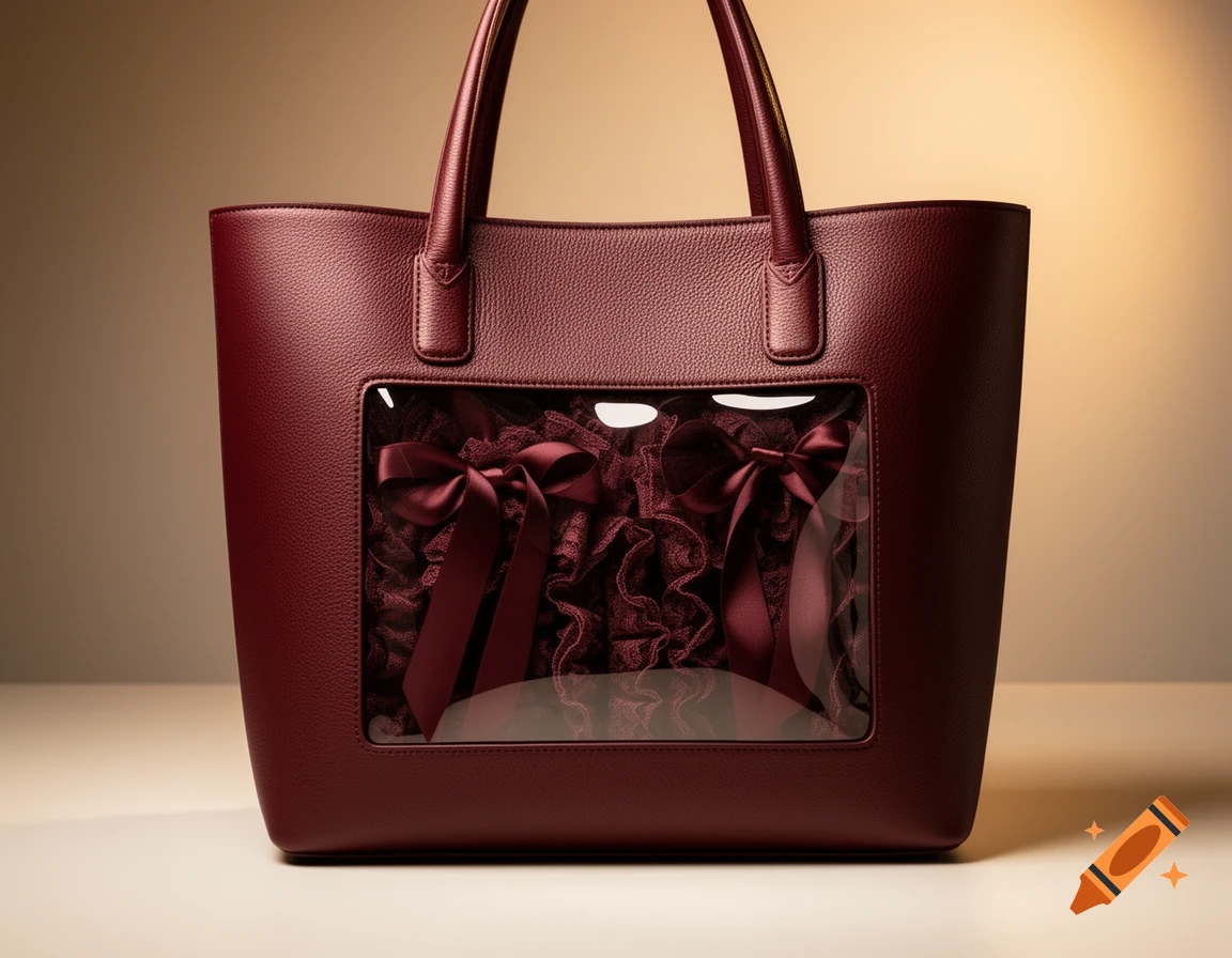 A close-up product photo of an elegant burgundy leather tote bag with a clear window revealing matching satin ribbons and lace.