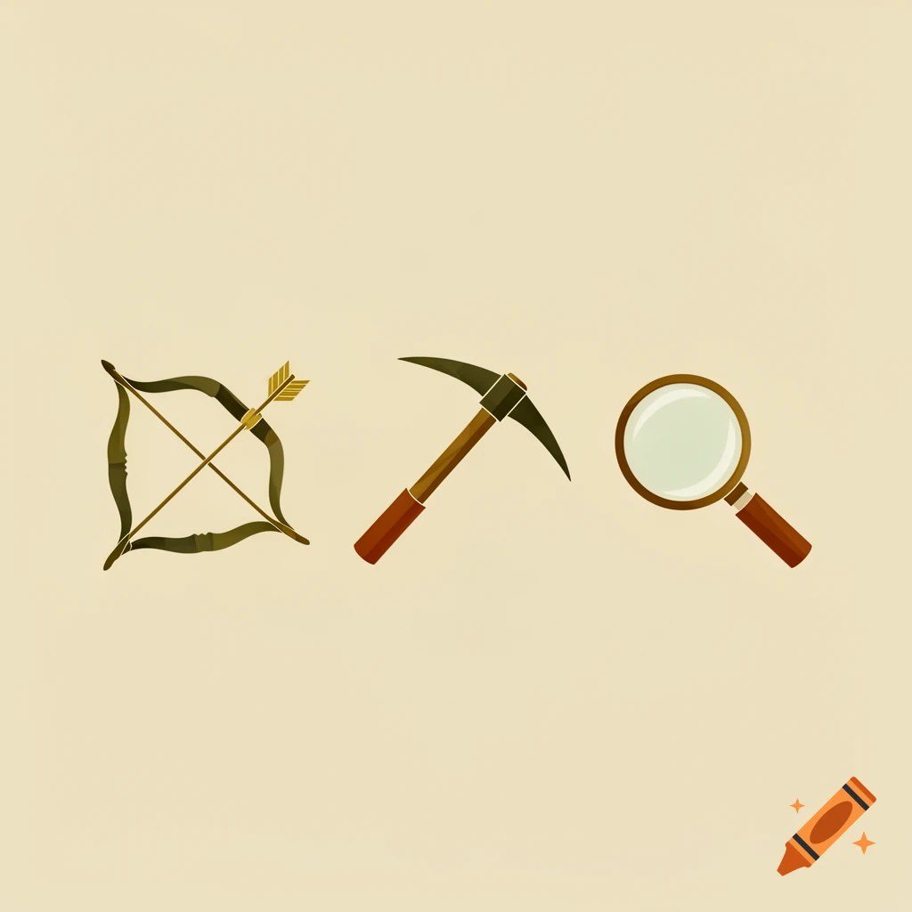 Three game icons: a bow and arrow, a pickaxe, and a magnifying glass, arranged on a light background.