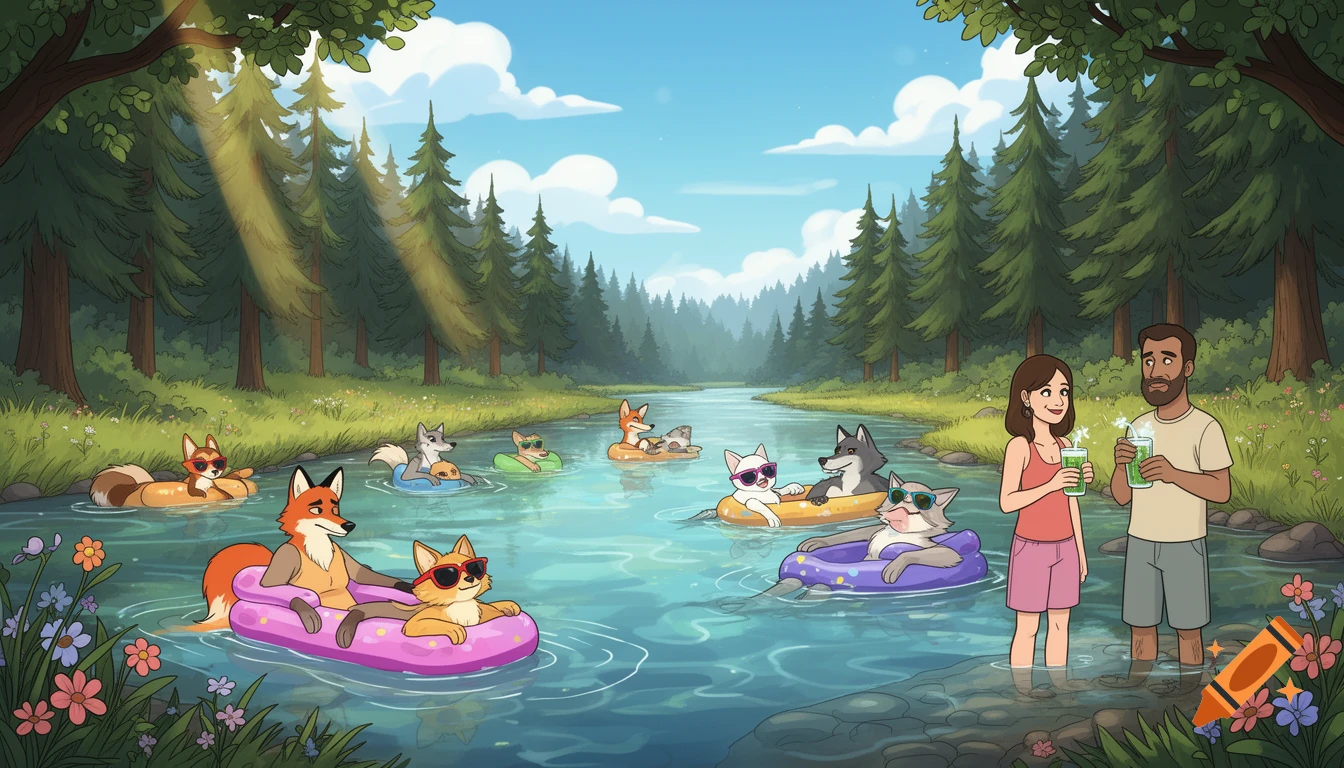 Vibrant cartoon illustration of anthropomorphic animals and humans floating in a forest river with drinks on a sunny summer day.