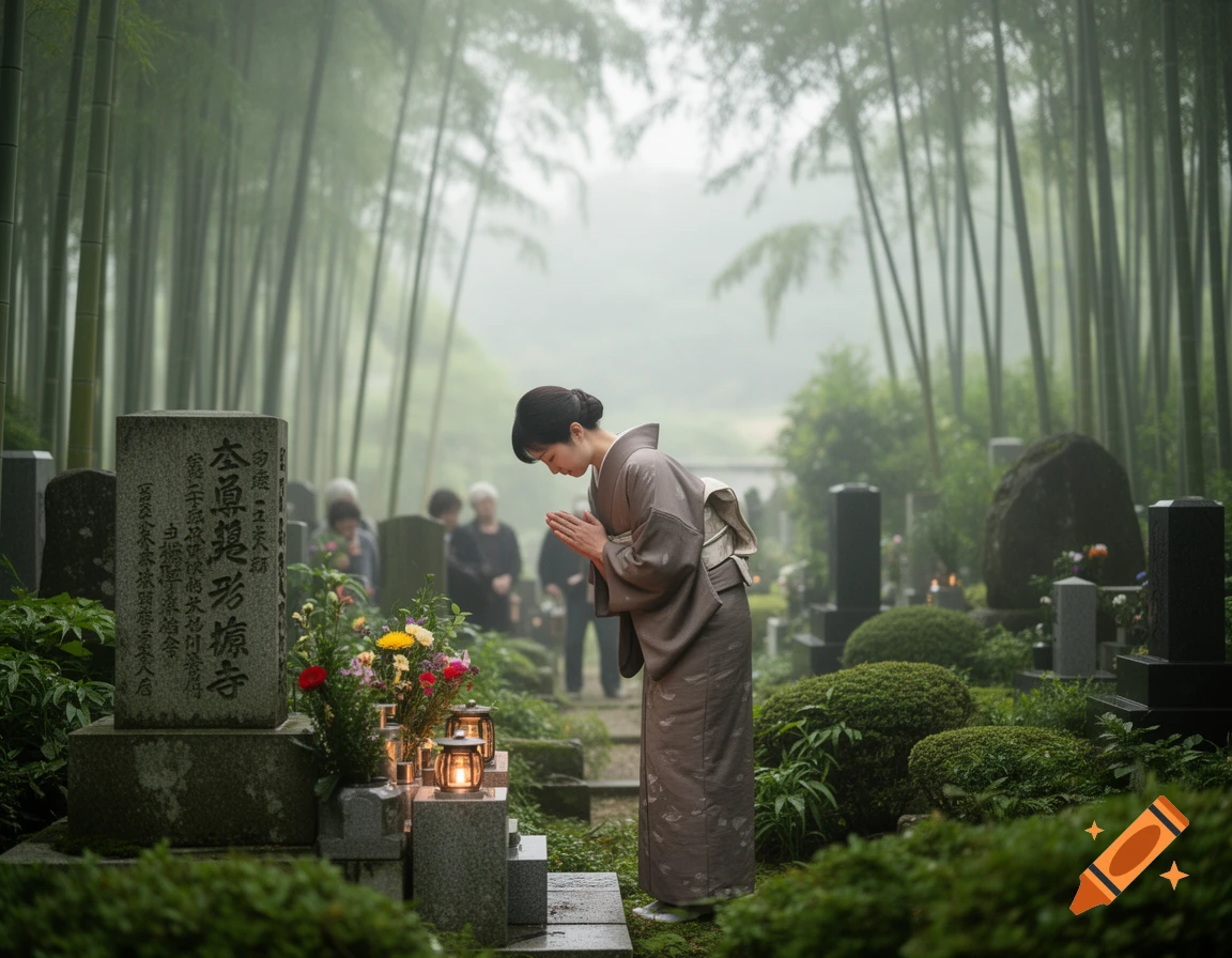 A person in a kimono bows at a Japanese gravestone with flowers and lanterns in a misty bamboo forest.