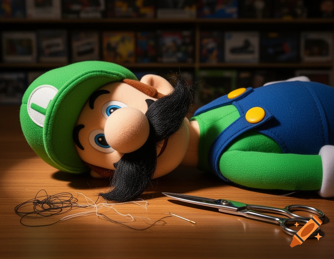 A close-up, photorealistic image of a Luigi plush toy lying on its side on a wooden table, next to a ripped mustache, tangled thread, a needle, and small scissors. Blurred video game cases are in the background.