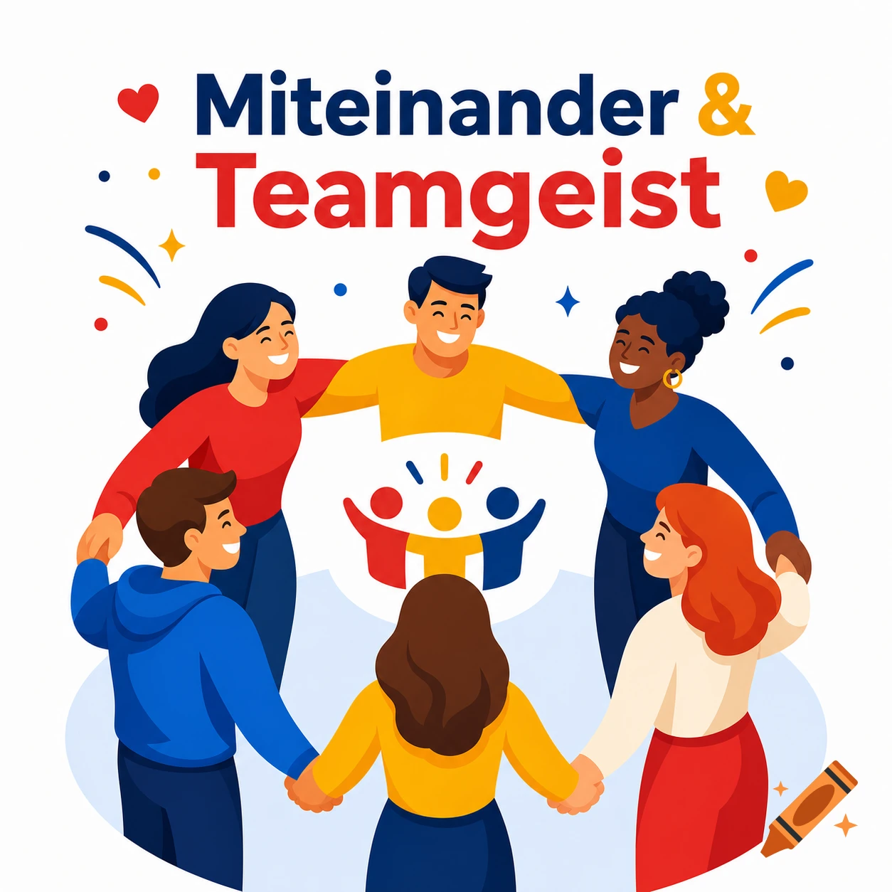 A colorful illustration of diverse people holding hands in a circle, with the text 'Miteinander & Teamgeist' above.