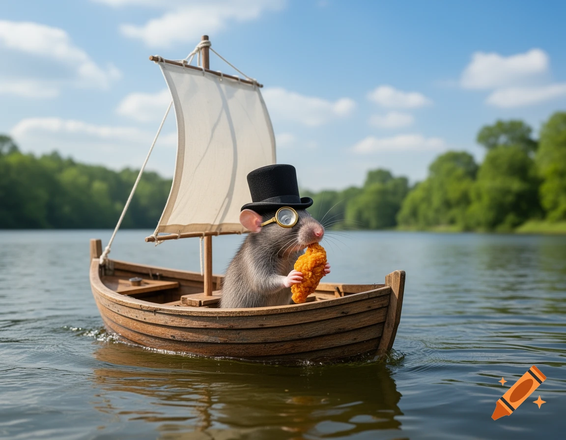 A photorealistic rat wearing a top hat and monocle sails a small wooden boat on a lake while eating fried chicken.