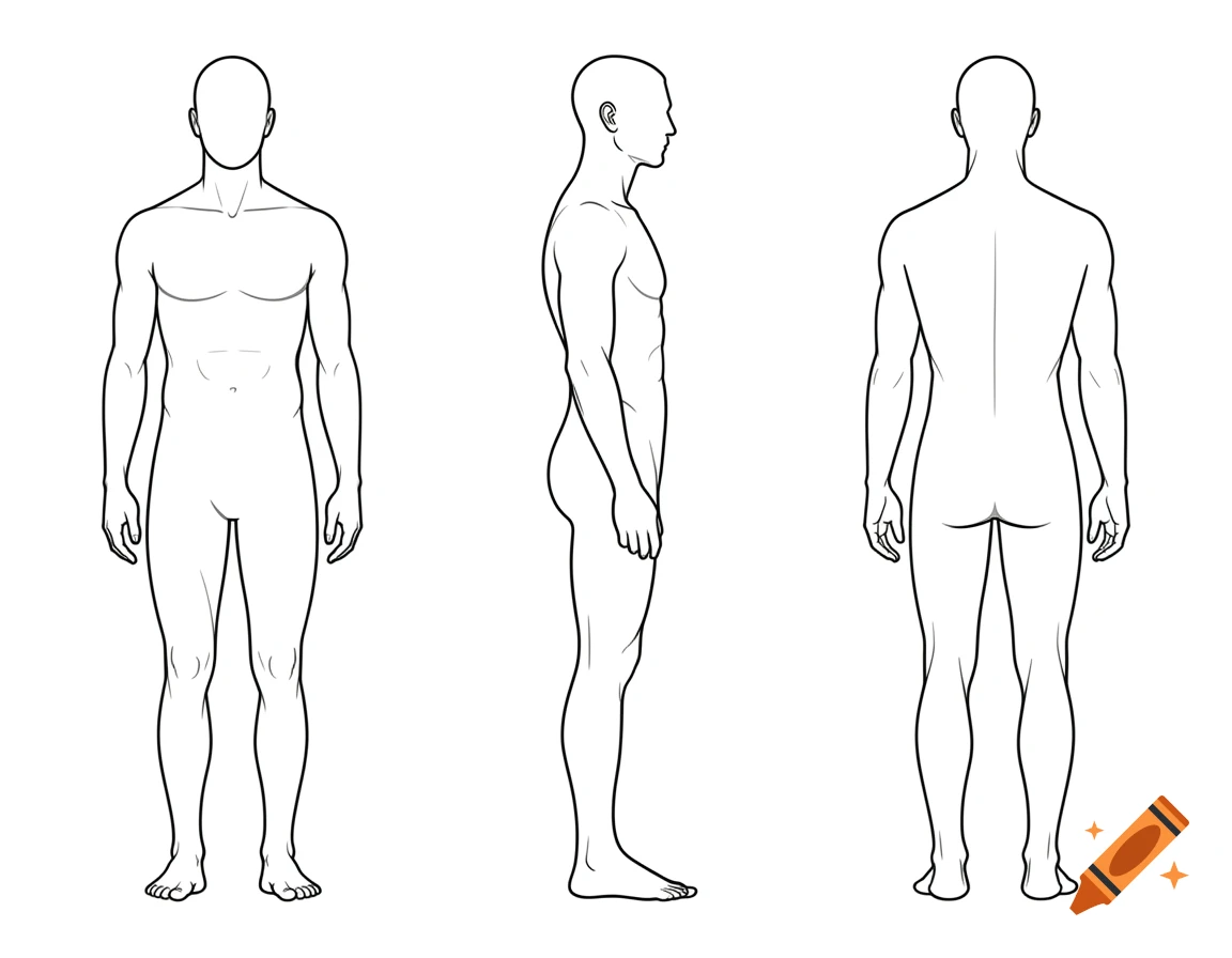 Technical blueprint featuring three outline views of an adult human male: front, profile side, and exact rear, on a white background.
