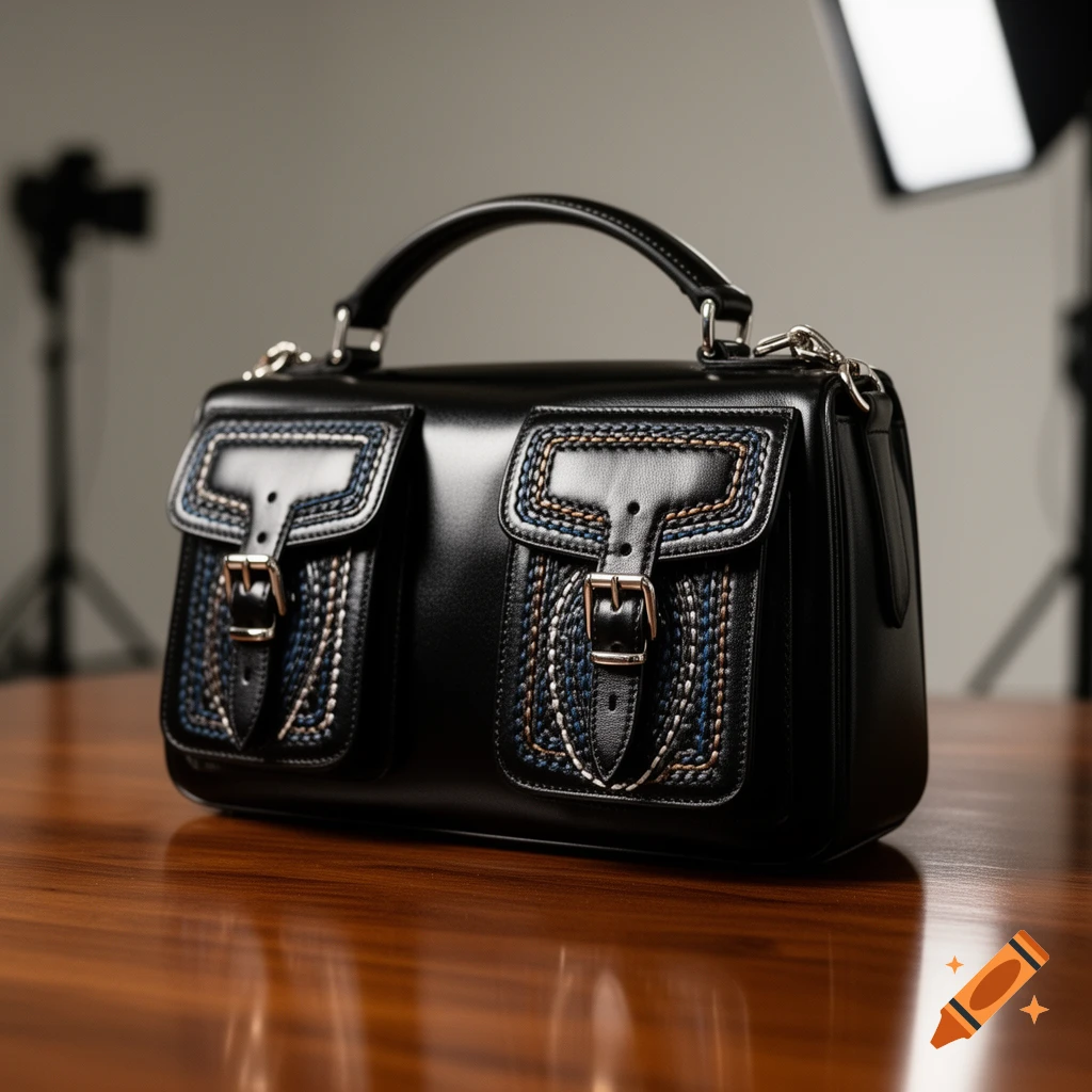 A black leather handbag with two front pockets featuring intricate blue and brown woven patterns, sitting on a wooden table.
