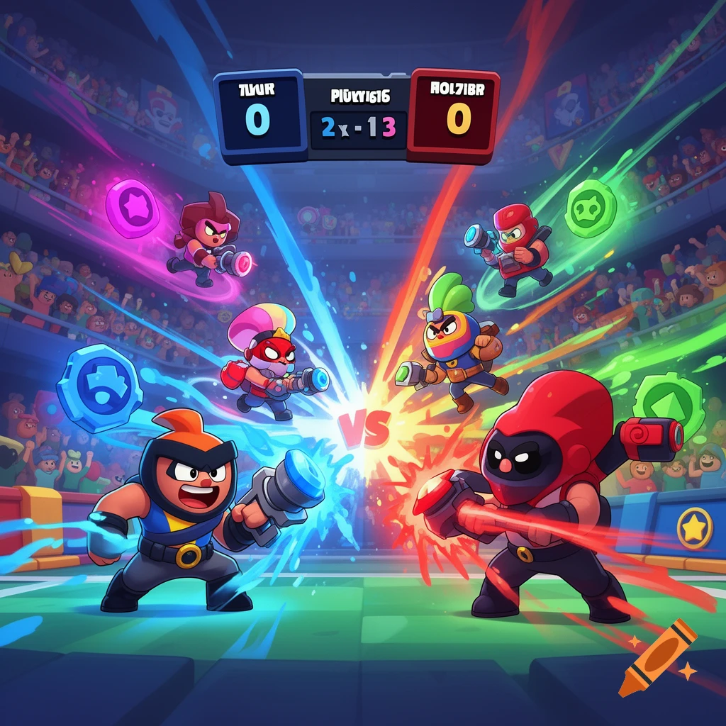 Cartoon battle arena with colorful characters shooting energy blasts, featuring a scoreboard with gibberish text and 'VS' in the middle.
