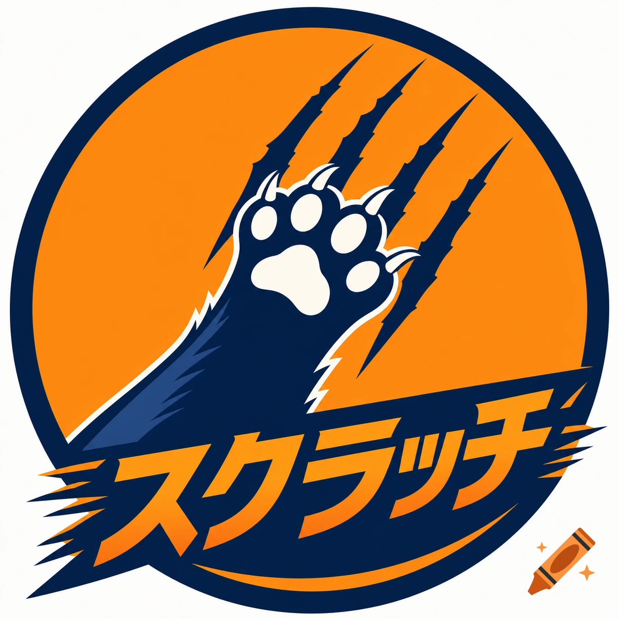 A stylized orange and blue logo featuring a dark blue paw with white pads and sharp claws, scratching through an orange circle, with the Japanese text "スクラッチ" (Scratch) below.