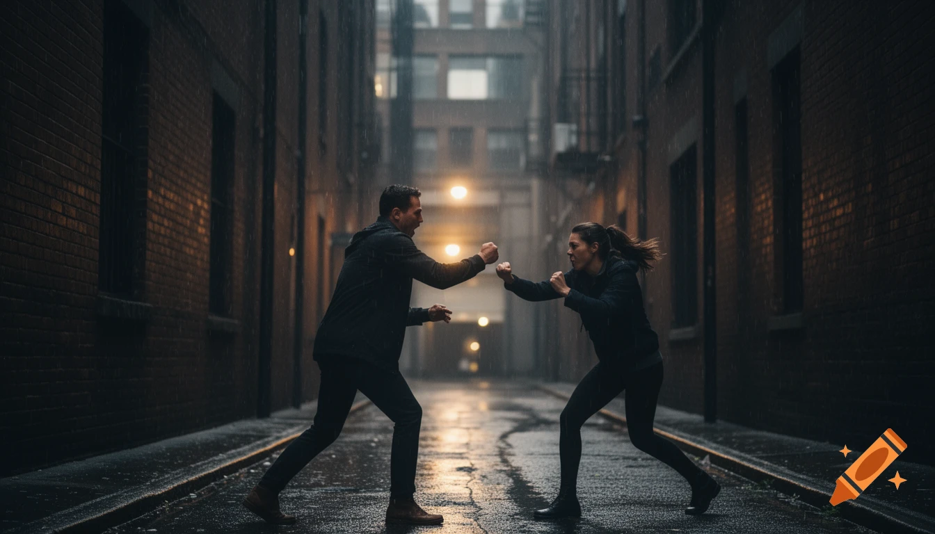 Two people in dark clothes face each other in fighting stances in a dark, wet city alley under dramatic lighting and rain.
