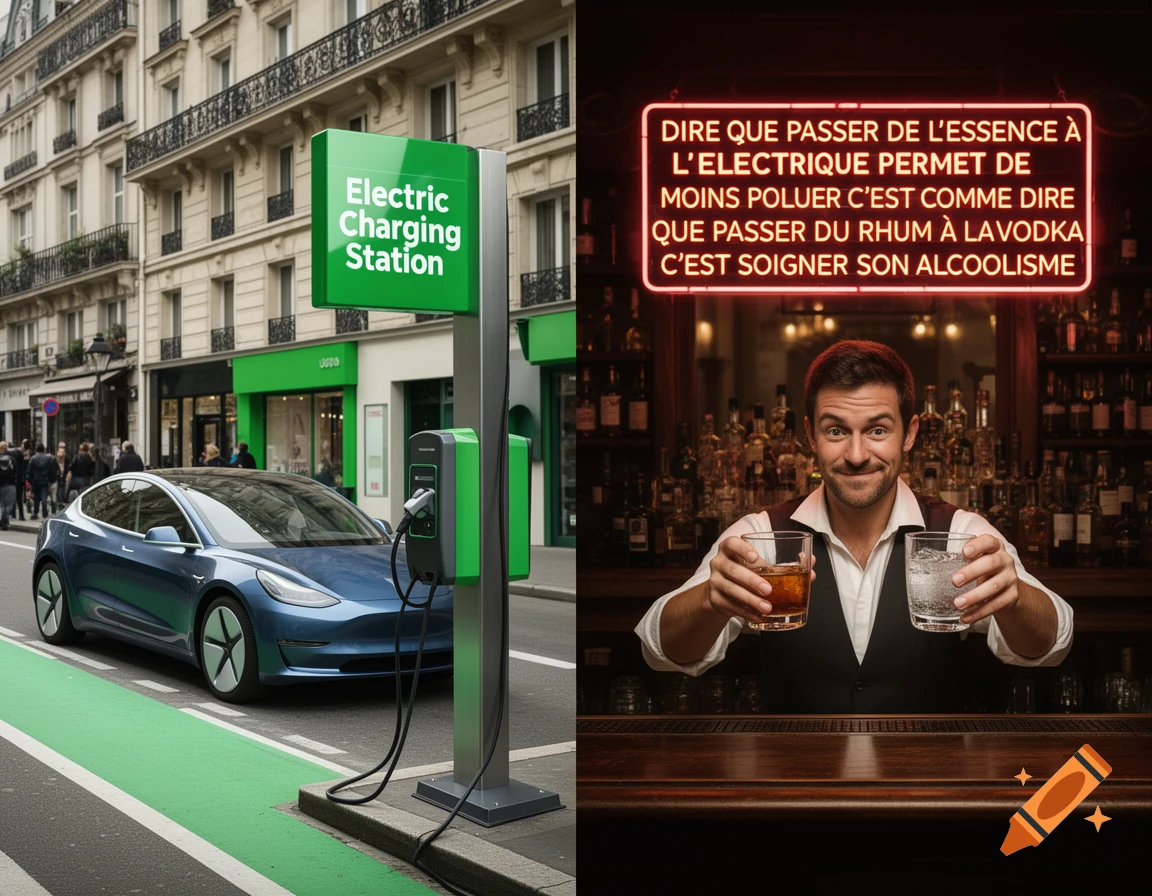 A split image showing an electric car charging on a city street and a smiling bartender holding two drinks in a bar under a neon sign.