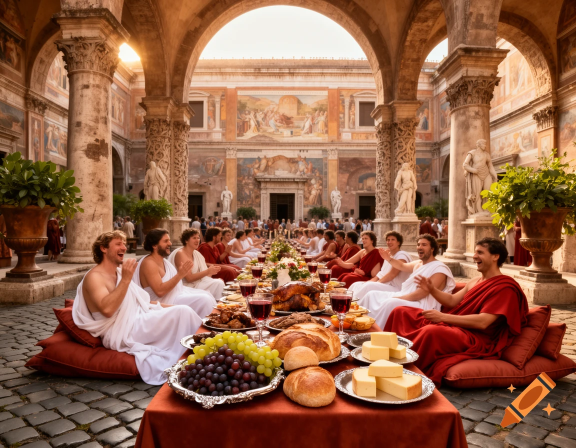 A lively ancient Roman feast in a sunlit courtyard, with people in togas reclining and laughing at a long table laden with food.