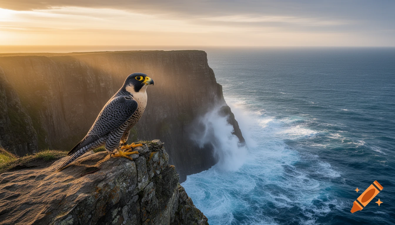 A photorealistic peregrine falcon perches on a towering sea cliff at sunrise, golden light on its feathers, with dramatic ocean waves crashing below.