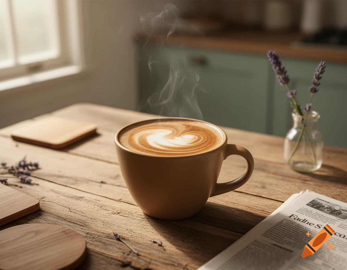 A steaming cup of latte with heart-shaped art sits on a rustic wooden table next to a newspaper and lavender in a vase, bathed in natural light from a window.