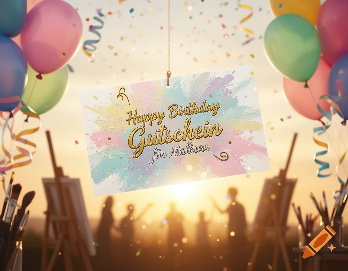 A 'Happy Birthday Gutschein f r Malkurs' gift card hangs at sunset, surrounded by balloons, confetti, and silhouetted people painting on easels.