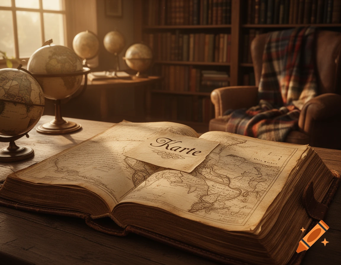 An open vintage book featuring a map, with a paper titled "Karte" on top, surrounded by globes in a warm, dimly lit study.