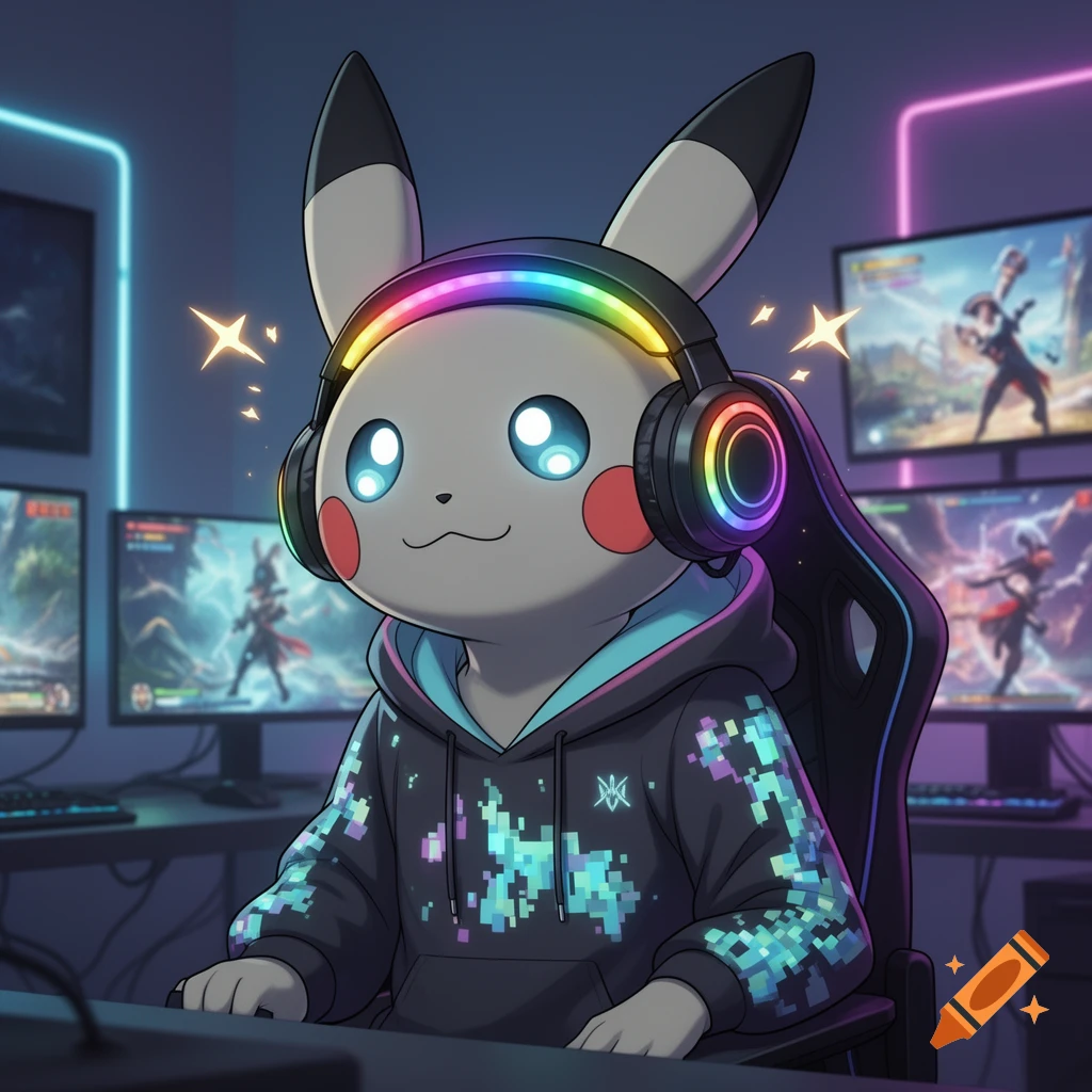 A stylized Mimikyu-like character with glowing eyes and rainbow gaming headphones sits at a multi-monitor gaming desk.