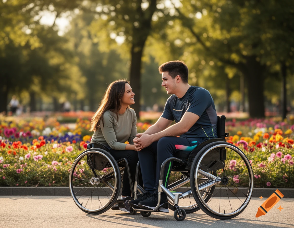 A smiling interabled couple in wheelchairs holding hands in a sunlit park with colorful flowers.