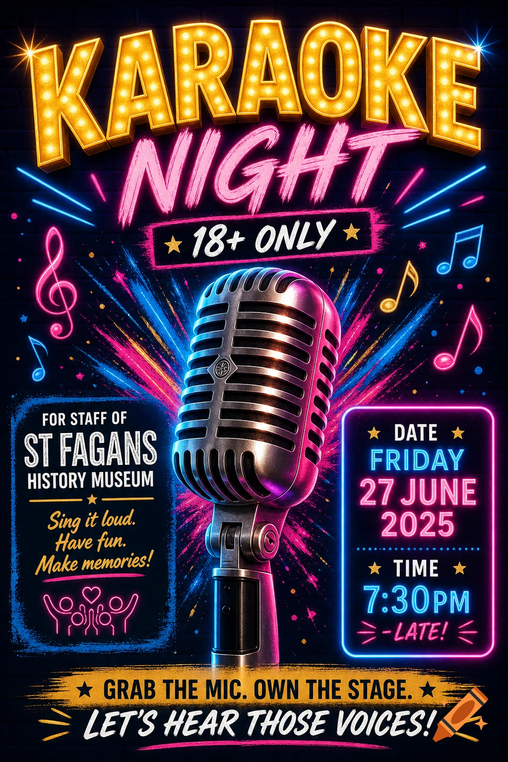 Vibrant neon poster for 'Karaoke Night' featuring a vintage microphone, music notes, and glowing text on a dark brick background.