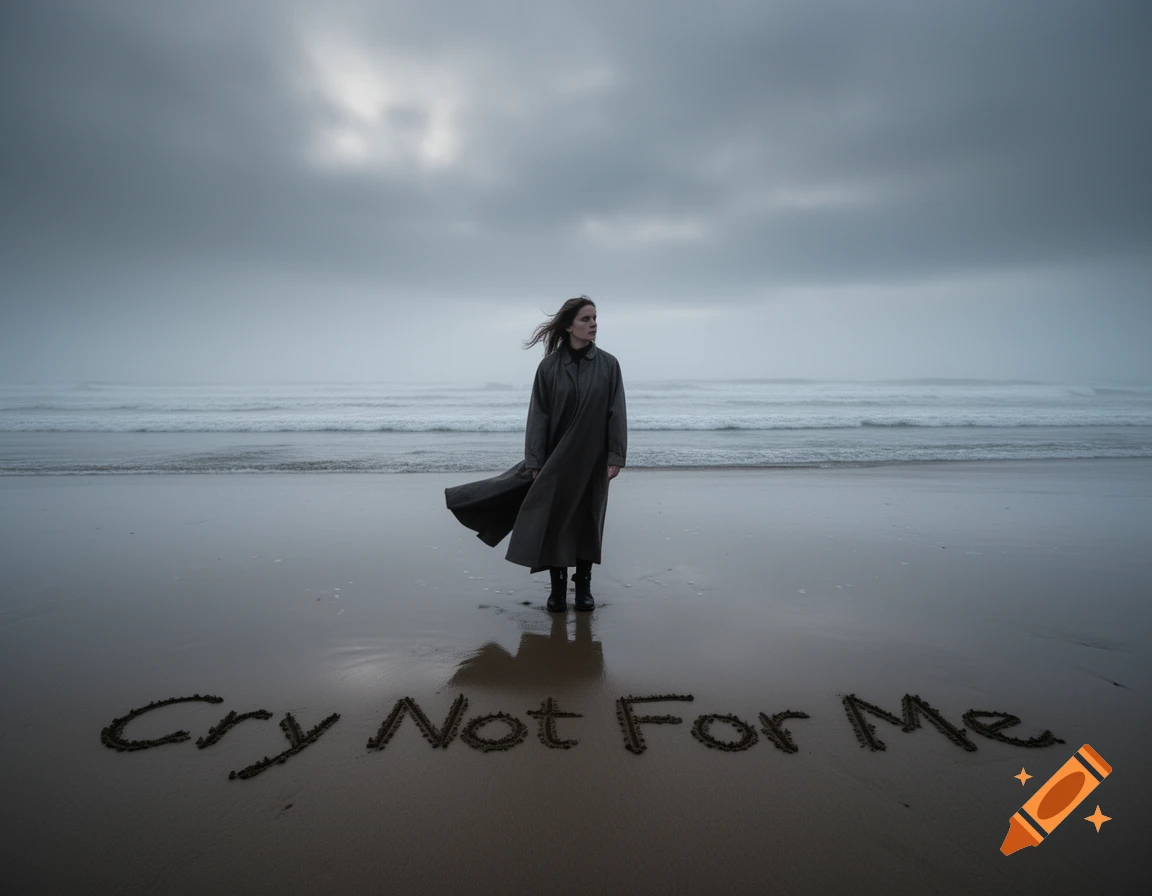 A woman in a long coat stands on a dark, misty beach with 'Cry Not For Me' written in the sand.