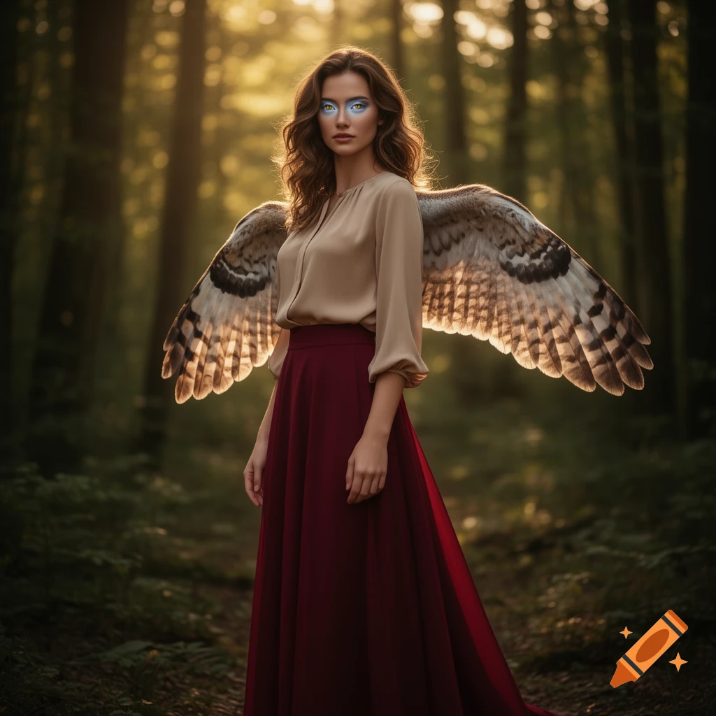Photorealistic portrait of a woman with glowing blue eyes and large feathery wings, wearing a beige blouse and maroon skirt, standing in a sunlit forest.