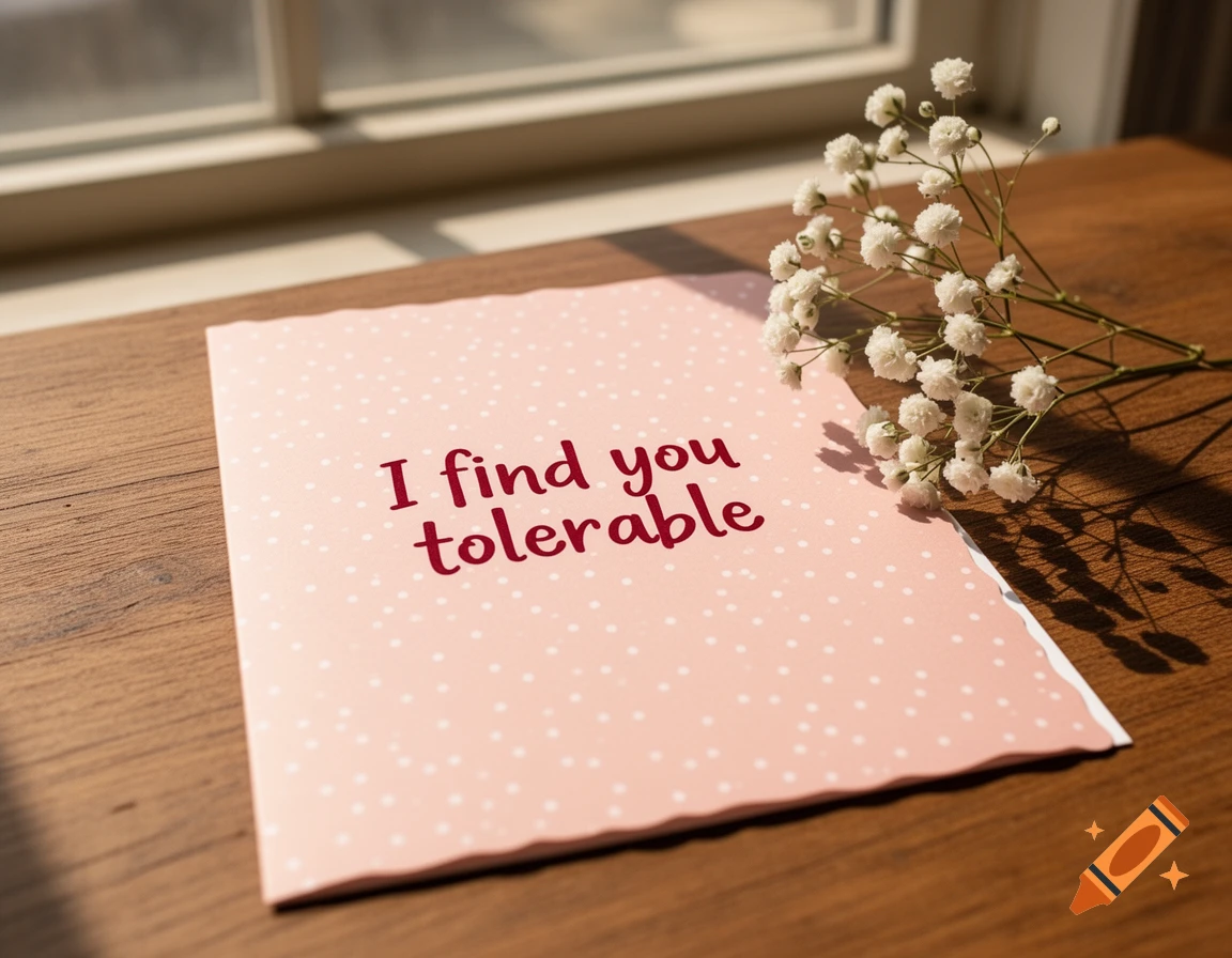 A pink polka dot greeting card with the text 'I find you tolerable' and a sprig of white baby's breath flowers on a wooden table.