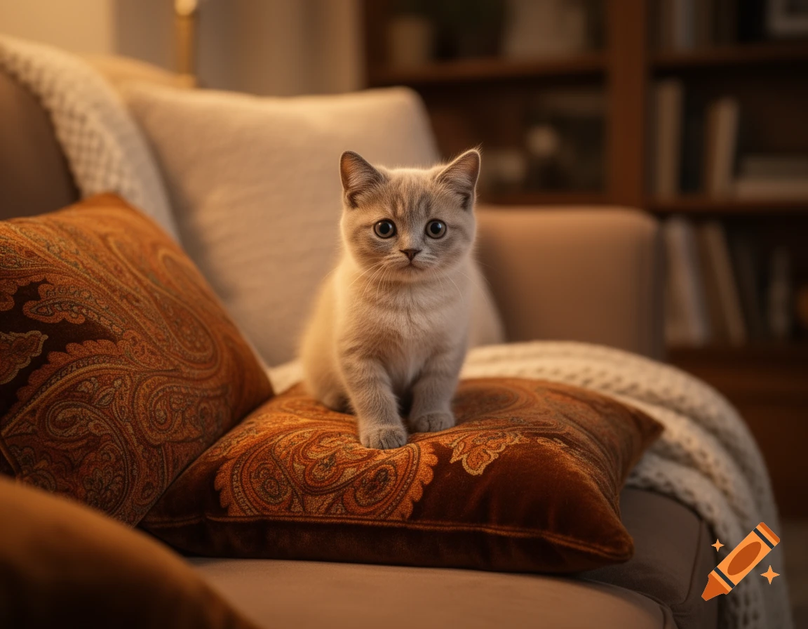 A timid kitten with large eyes sits on a patterned cushion in a warm, dimly lit living room.