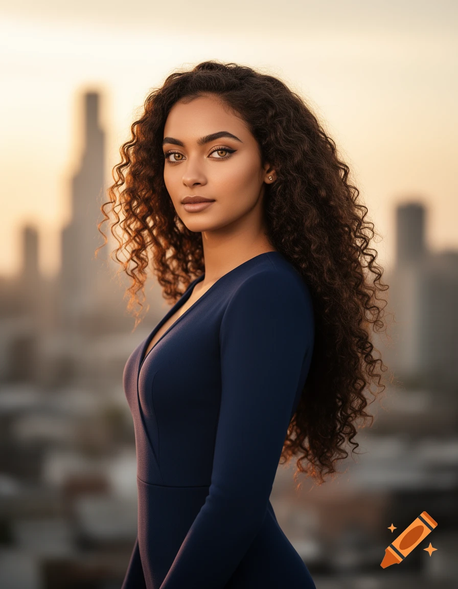 Photorealistic portrait of a woman with long dark curly hair, hazel eyes, and light brown skin, wearing a dark blue dress, against a blurred city skyline at sunset.