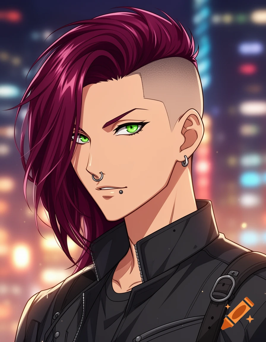 Anime character with burgundy purple undercut hair, green eyes, septum and labret piercings, wearing a black leather jacket, against a blurry city night background.