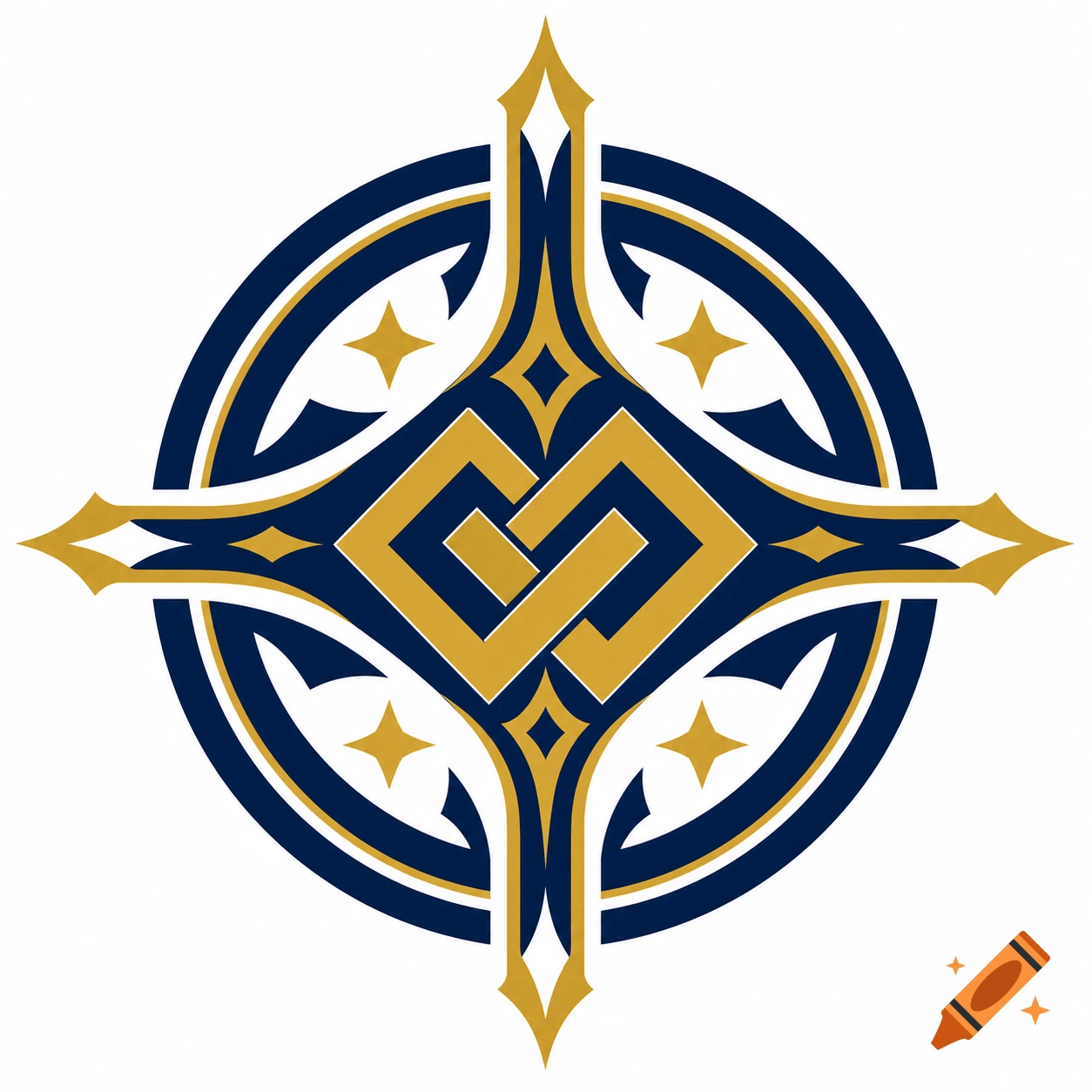 A stylized emblem features a central intricate gold knot, four pointed gold extensions, and a dark blue circular border with gold stars.