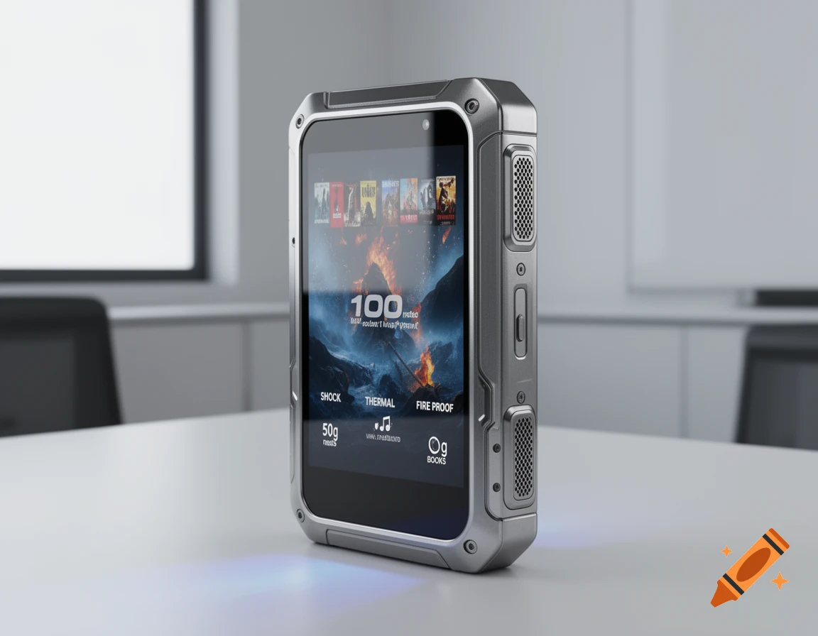 A rugged, metallic smartphone-like device with a screen displaying a fiery landscape, text, and icons, sits on a white table in an office setting.