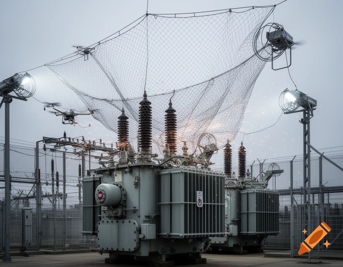 Two drones fly over a high-voltage electrical substation with large transformers, surrounded by a protective drone-catching net, under a cloudy sky.