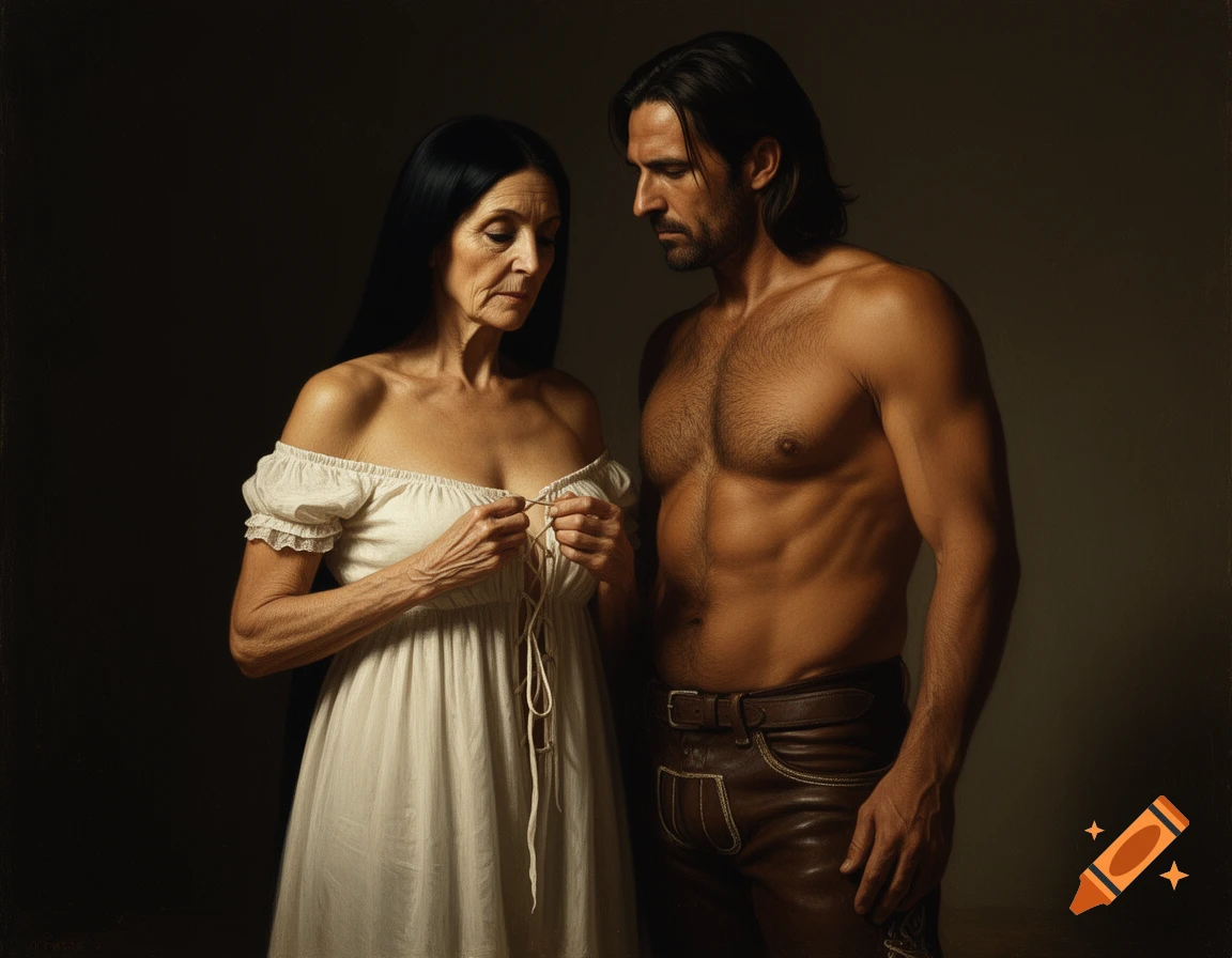 Chiaroscuro painting of an older woman in a white gown untying laces, and a shirtless man in leather pants observing.