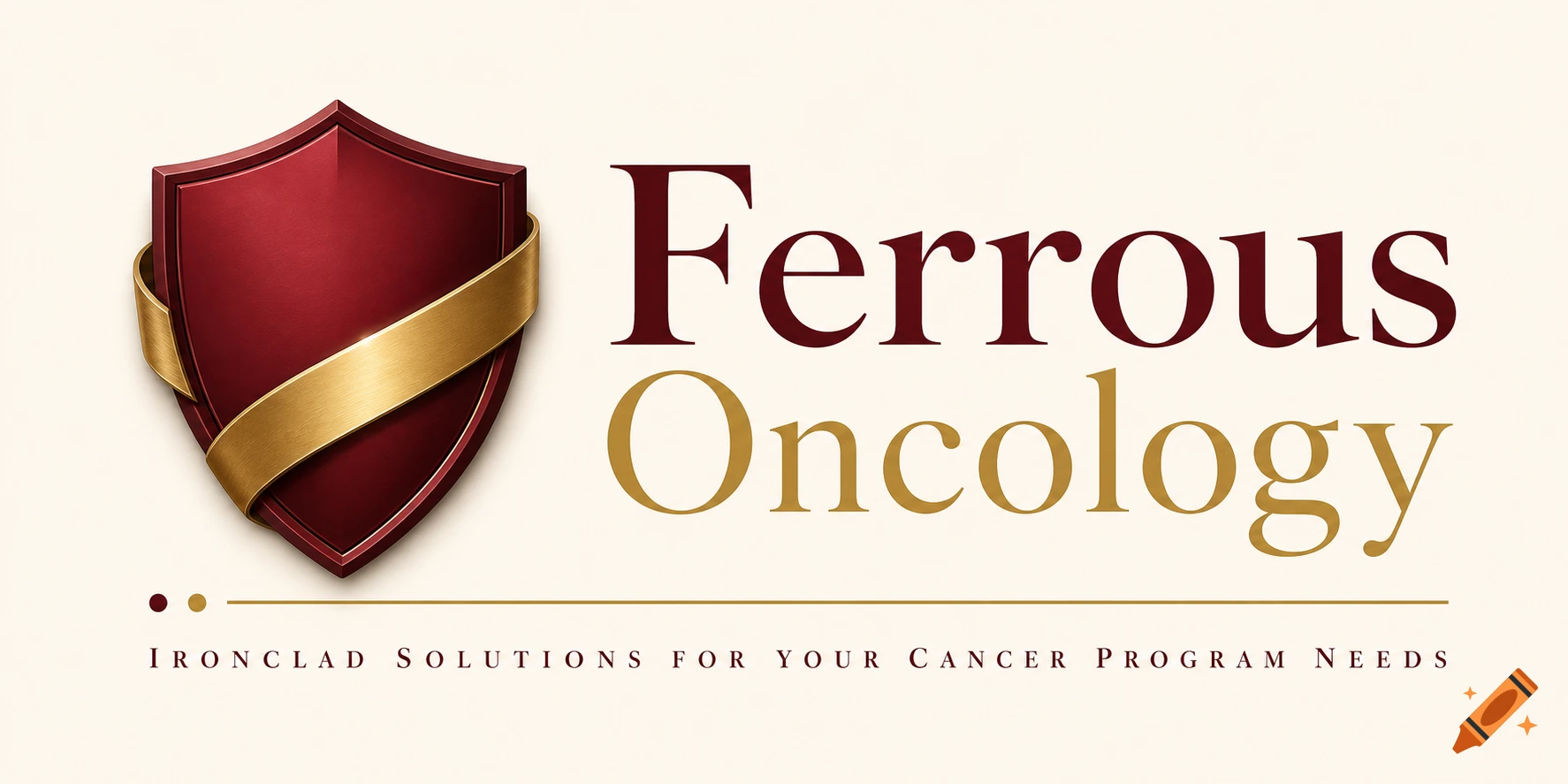 A professional corporate logo featuring a red shield with a gold ribbon, beside the text 'Ferrous Oncology' and a tagline.