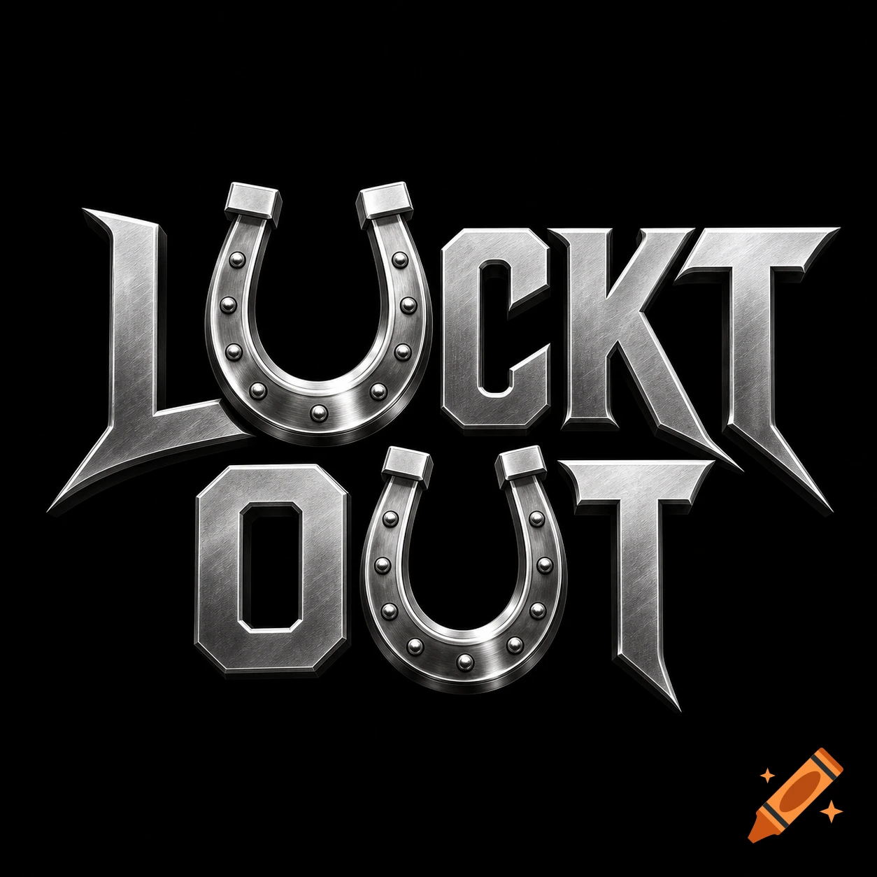 A band logo for 'LUCKT OUT' with silver metallic, spikey letters and horseshoes replacing the U's, on a black background.