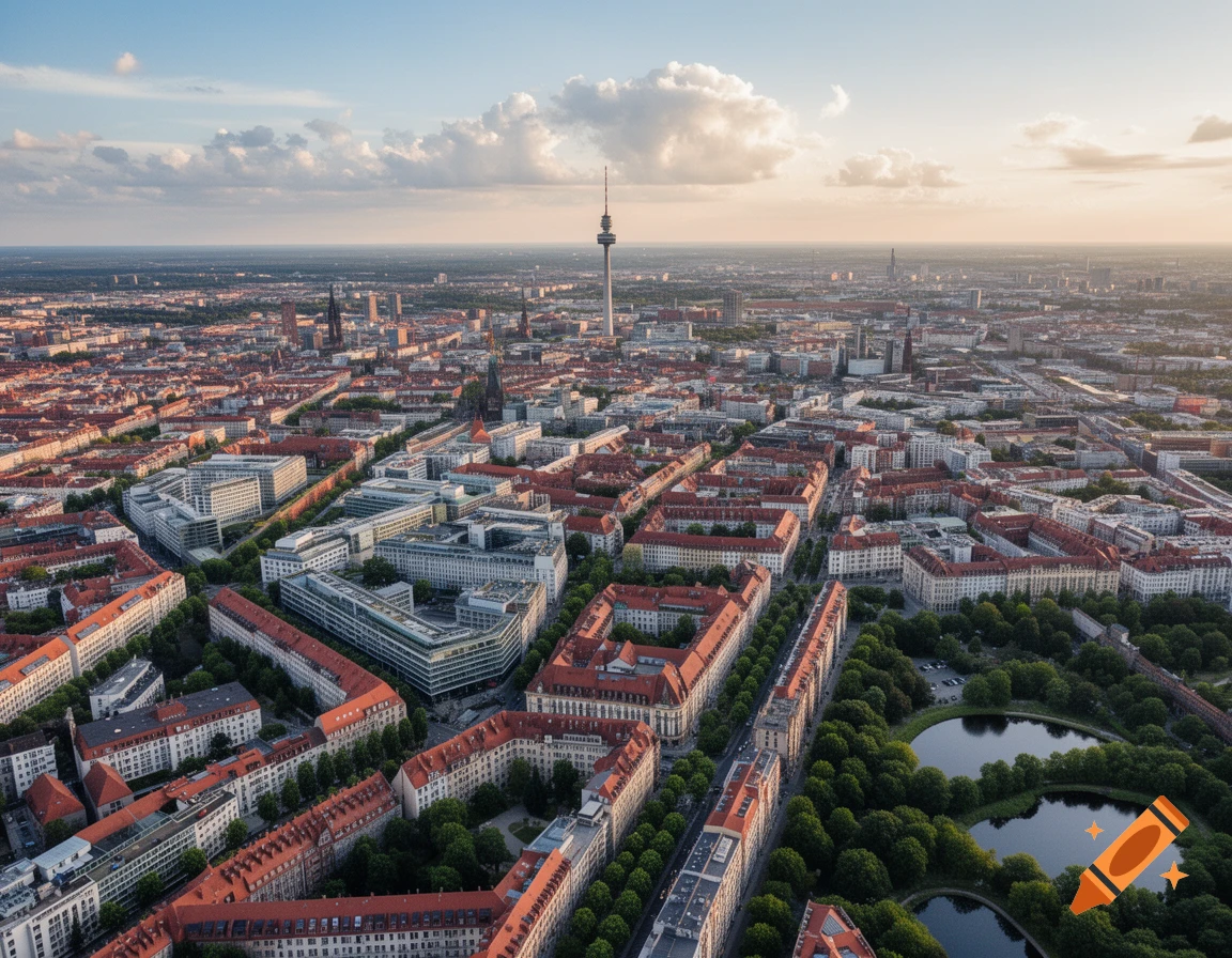 Aerial view of a sprawling city with numerous buildings, green areas, and a tall TV tower under a partly cloudy sky at sunset.