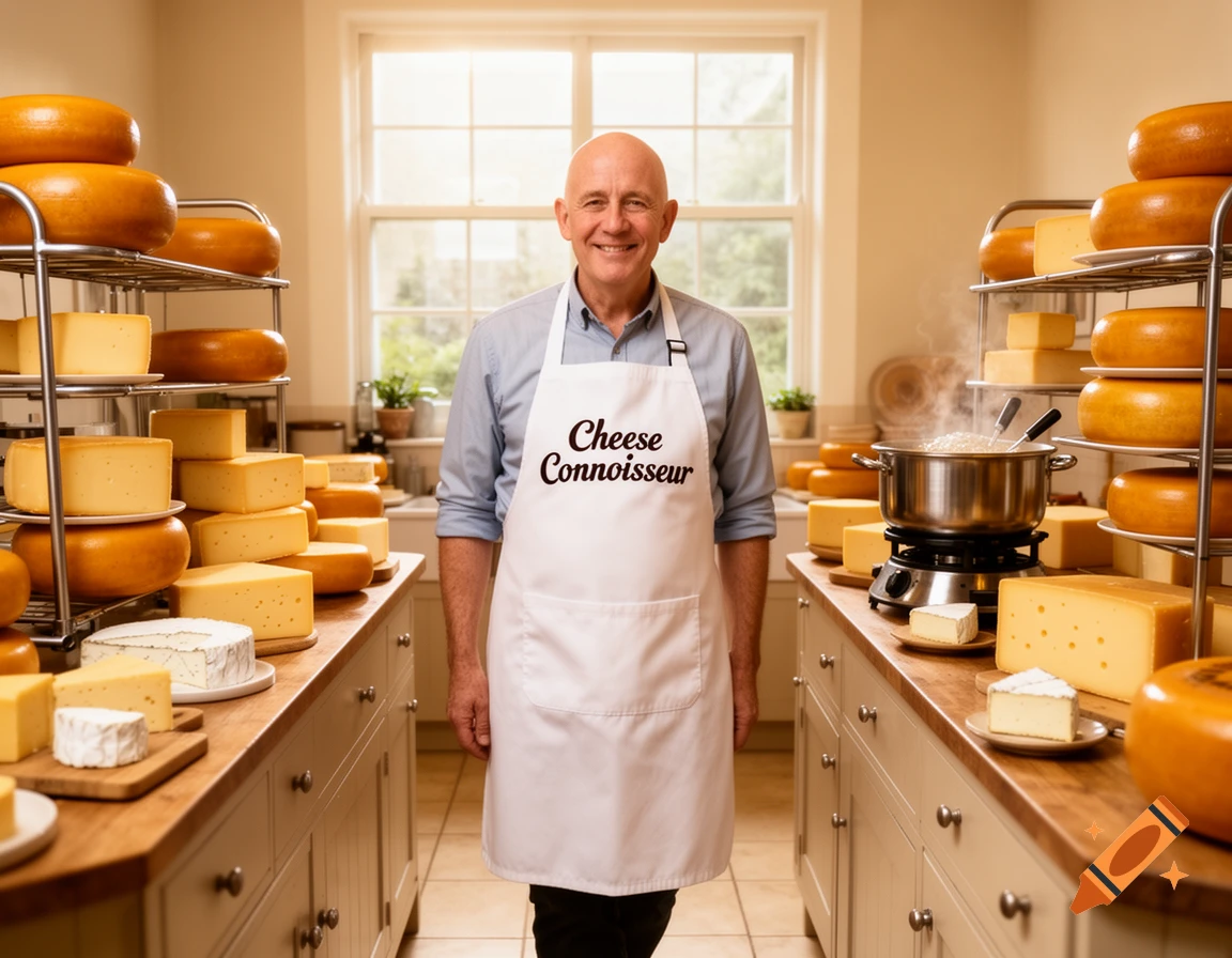 A smiling bald man wearing a white "Cheese Connoisseur" apron stands in a sunny kitchen filled with various cheeses.