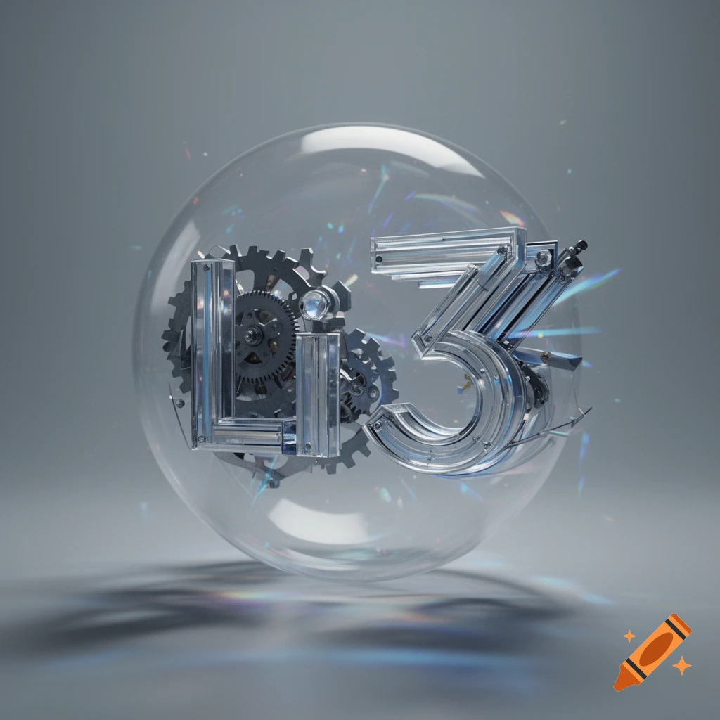 Metallic letters 'Li' and number '3' with gears inside a clear sphere, rendered in kinetic art style.