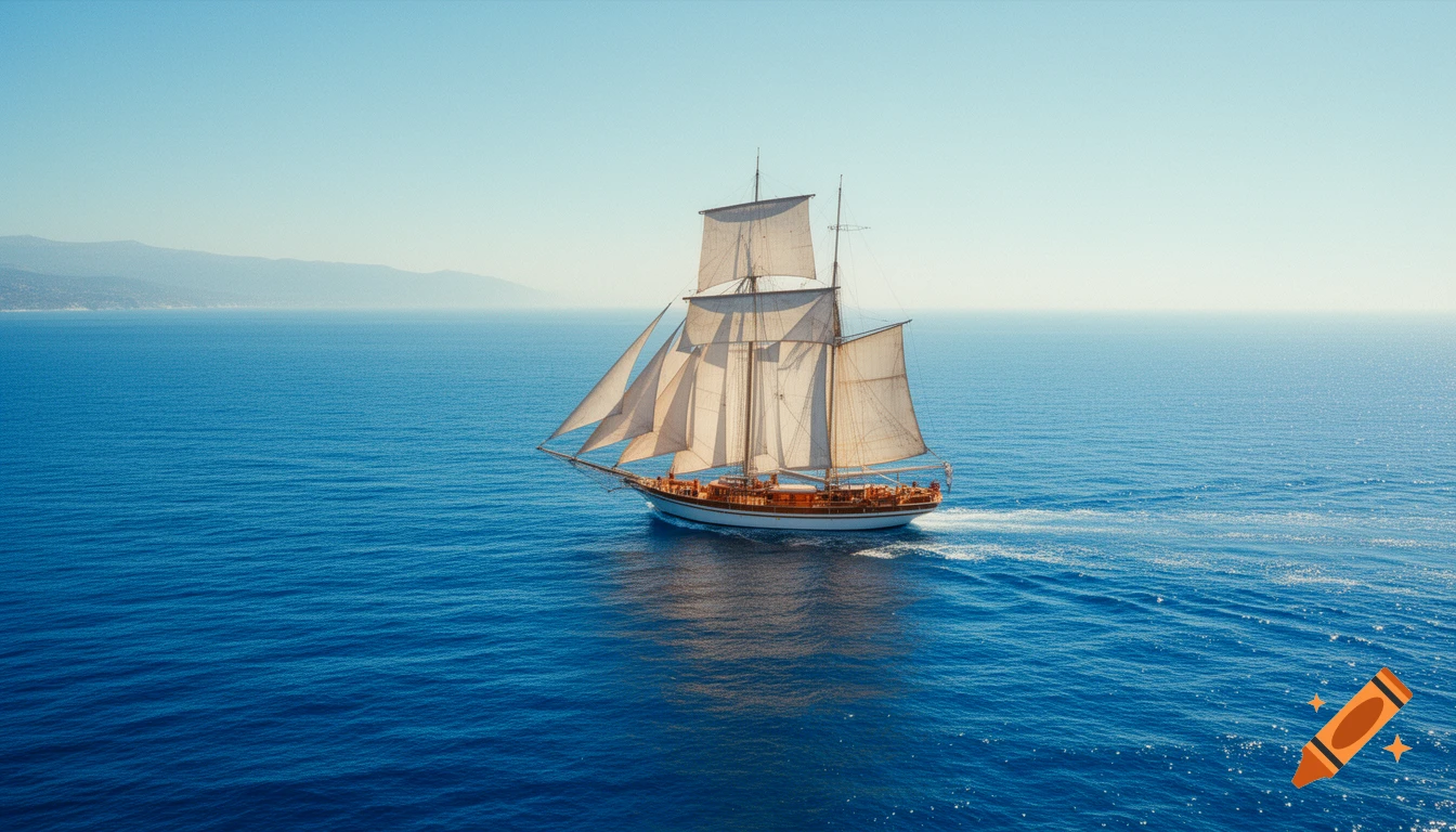 A tall ship with sails up glides across a calm blue ocean under a clear sky, with distant land on the horizon.