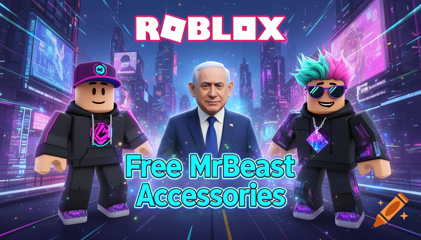 A Roblox game ad features two Roblox characters in cyberpunk outfits with a realistic image of Benjamin Netanyahu between them, against a neon city backdrop. Text reads "ROBLOX" and "Free MrBeast Accessories".