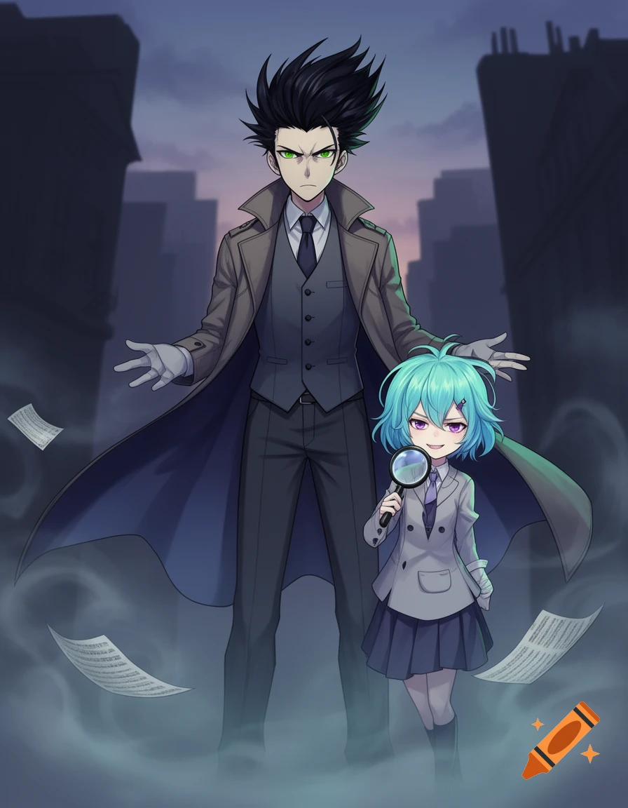 A tall male anime character in a trench coat stands beside a small female character with blue hair holding a magnifying glass, amidst floating papers and mist in a dark city street.